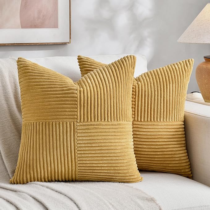 Fancy Homi 2 Packs Mustard Yellow Decorative Throw Pillow Covers 18x18 Inch for Living Room Couch Bed, Farmhouse Boho Home Decor, Soft Corss Corduroy Patchwork Textured Accent Cushion Case 45x45 cm