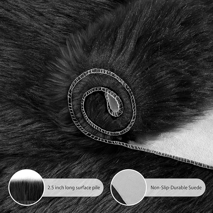 Ciicool Black Fluffy Round Fur Area Rug for Bedroom, Circle Faux Fur Rugs for Kids Room, Cute Fuzzy Nursery Carpet, Shaggy Circular Rugs Floor Carpets for Teens Girls Rooms Home Decor, 4 x 4 Feet