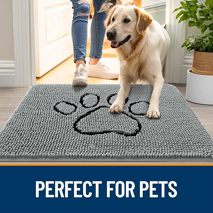 OLANLY Dog Door Mat for Muddy Paws 32x20, Paw Print Design, Absorbs Moisture and Dirt, Absorbent Non-Slip Washable Doormat, Quick Dry Chenille Mud Mat for Dogs, Entry Indoor Entryway Carpet, Grey