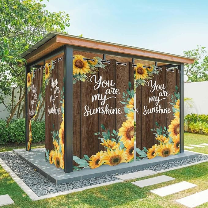 Summer Outdoor Curtains for Patio Sunflowers Eucalyptus Leaves Wood Waterproof by Unknown