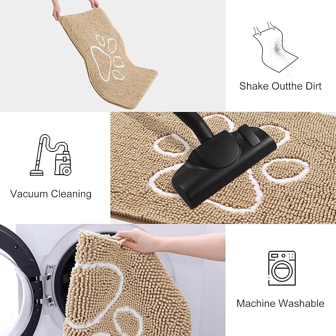 Smiry Dog Door Mat for Muddy Paws, Absorbent Dirt Trapper Non Slip Quick Dry Washable Chenille Mat for Mud Dogs, Entry Rug for Indoor and Outdoor (40x24 Inches, Beige and White)