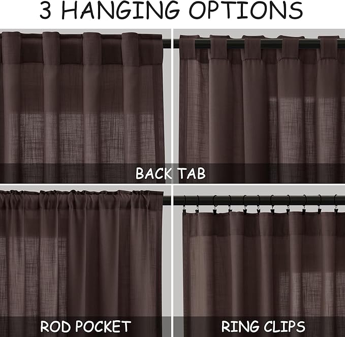 Coffee Linen Textured 96 Inch Curtains 2 Panel Set Back Tab Rod Pocket Sheer Light Filtering Boho Room Decor Aesthetic Curtains Burlap Look Curtain Drapes for Living Room Bedroom 8Ft 52x96 Inch