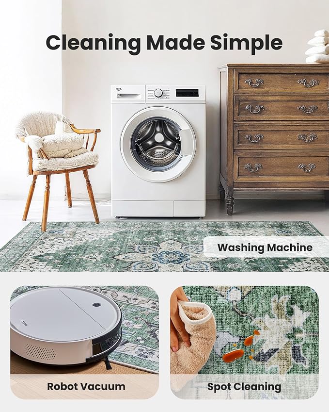 AMADA HOMEFURNISHING 2'6"x10' Washable Area Rug, Low-Profile Entryway Rug with Non-Slip Backing & Durable Edge Binding, Vintage Rug Pattern, Small Rugs for Entryway, Kitchen & Living Room