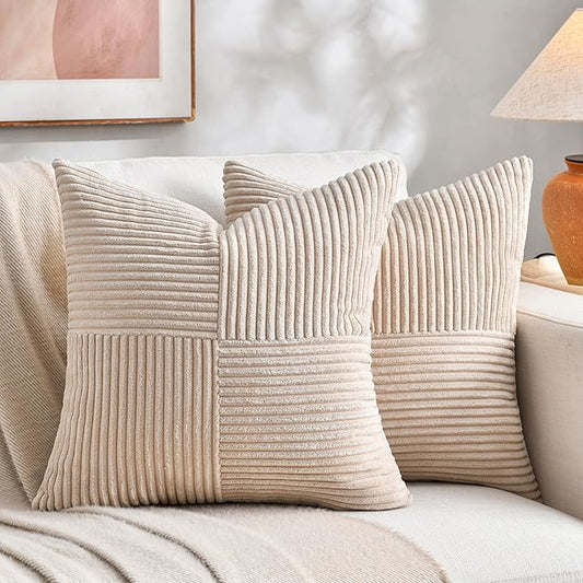 Fancy Homi 2 Packs Tan Big Decorative Throw Pillow Covers 24x24 Inch for Living Room Couch Bed Sofa, Farmhouse Boho Home Decor, Soft Corss Corduroy Patchwork Accent Square Beige Cushion Case 60x60 cm