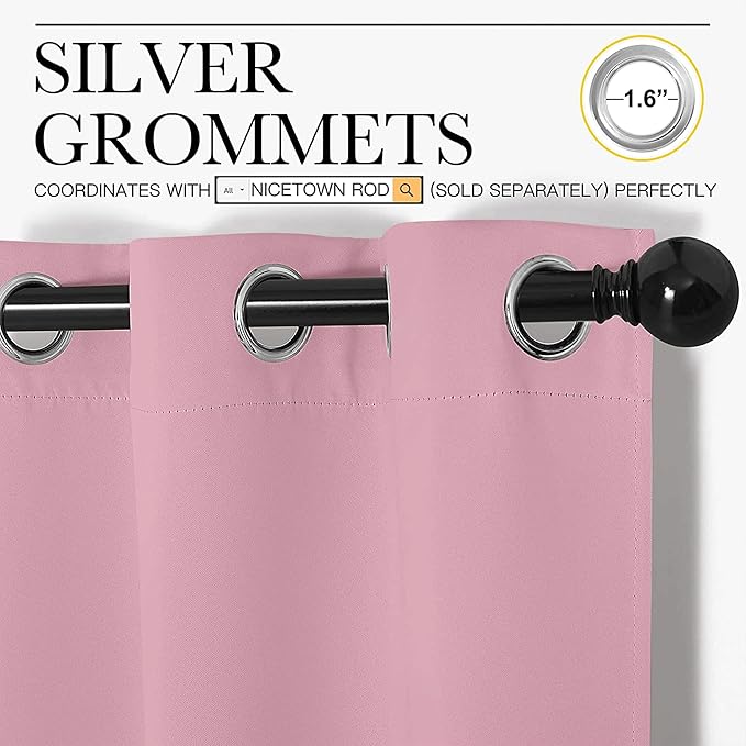 NICETOWN Bedroom Curtain Panels Blackout Draperies, Thermal Insulated Solid Grommet Blackout Curtains/Drapes (1 Pair, 34 by 63 inches, Crystal Pink)