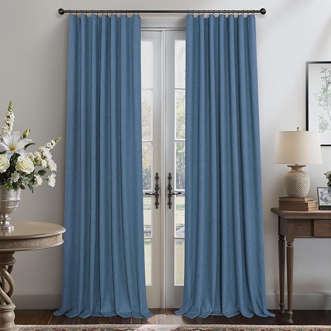 Denim Blue Back Tab Blackout Curtains 108 Inches Long 2 Panel Set Cotton Linen Textured Darkening Drapes Sound Proof Ceiling Curtain for Bedroom Living Room Divider Patio Sliding Glass Door 108 Length