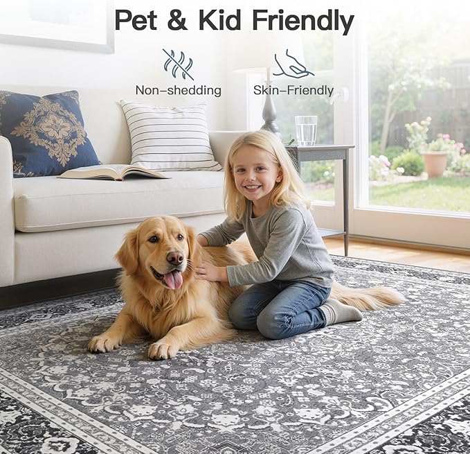 Lofus 6x9 Area Rugs for Living Room, Machine Washable Non-Slip Area Rug, Low Pile Large Rugs for Bedroom, Kitchen, Dining Room, Home Office, Vintage Oriental Print Rug, Light Grey with White