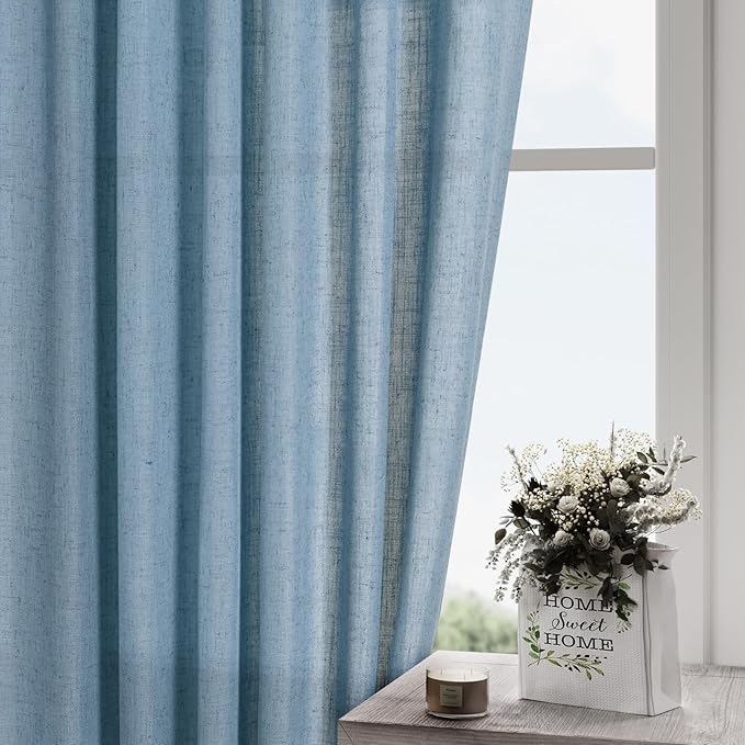 Linen Blue Curtains 108 inch Extra Long for Living Room Back Tab Light Filtering Semi Sheer Drapes Modern Farmhouse Coastal Decor Textured Curtain for Floor to Ceiling High Window 52x108