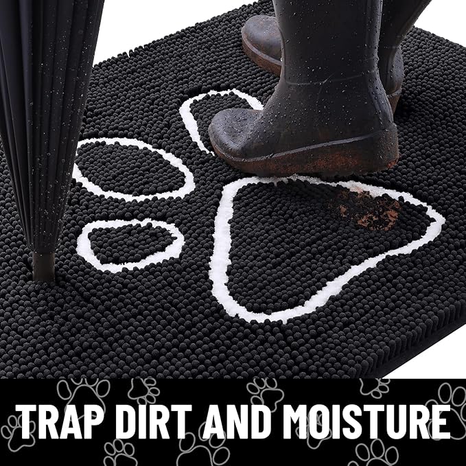Smiry Dog Door Mat for Muddy Paws, Absorbent Dirt Trapper Non Slip Quick Dry Washable Chenille Mat for Mud Dogs, Entry Rug for Indoor and Outdoor (59x32 Inches, Black and White)