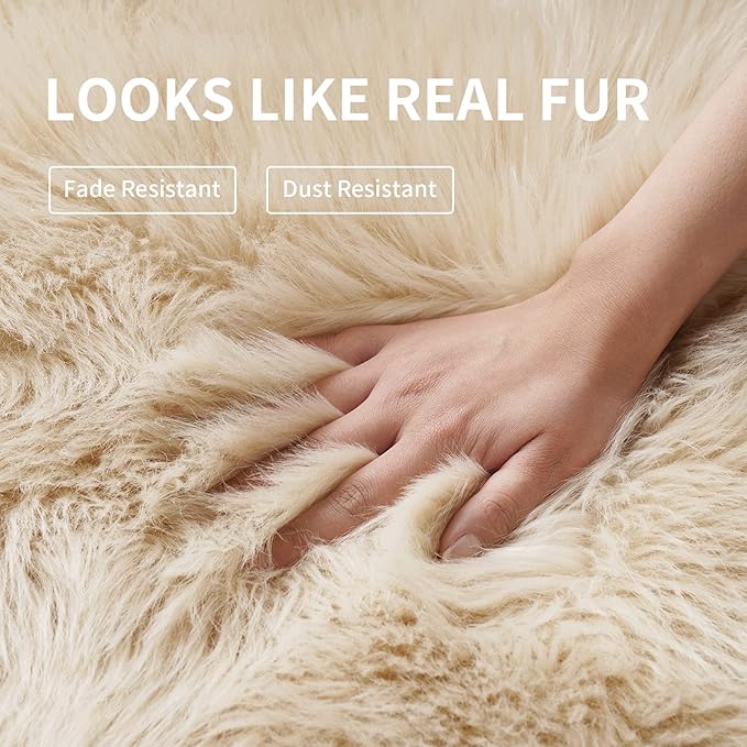 Small Faux Fur Sheepskin Rug 2x4 ft Ultra Soft Chair Sofa Cover Seat Pad, Beige Fluffy Shag Rugs for Bedroom Nursery Kids Room, Luxury Shaggy Rug Fuzzy Plush Floor Carpets