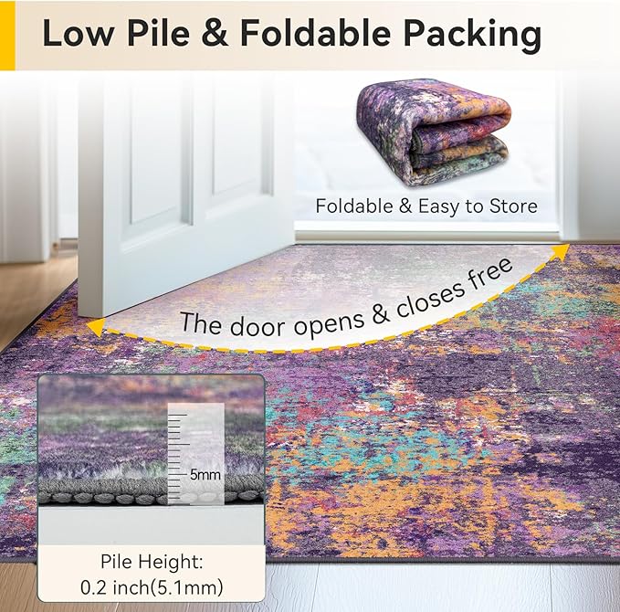 Washable Area Rugs 7'x9' Non-Slip Modern Abstract Soft for Living Room Entryway Bedroom Nursery, Print Pattern, Purple Orange Blue Green Rust Red Colorful