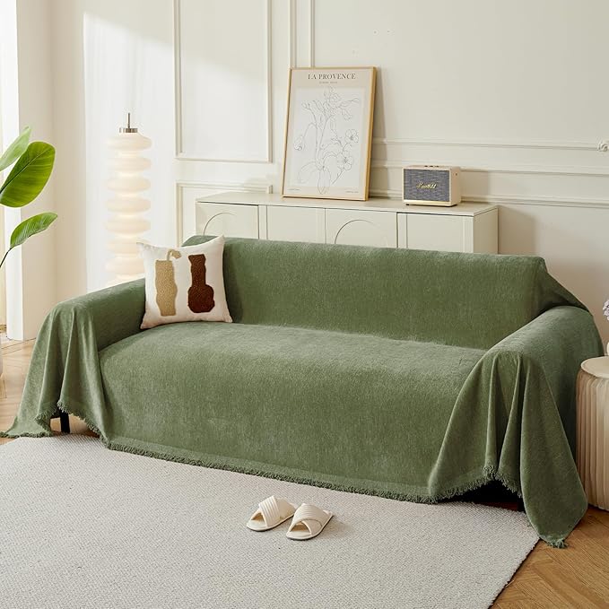 Couch Cover for Dogs, Boho Sofa Covers for 4 Cushion Couch, Chenille Sofa Slipcover for Pets Washable, L-Shape Sectional Couch Cover Soft Throw Blankets with Tassels(91x150,Green)