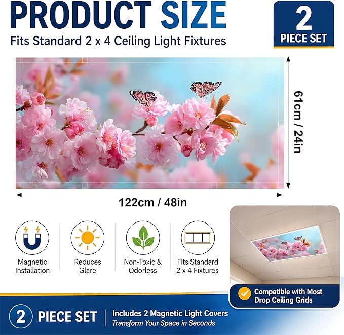 2 Pack Pink Blossom Butterfly Decorative Ceiling Light Covers, Magnetic 4x2 Ft - Image 2