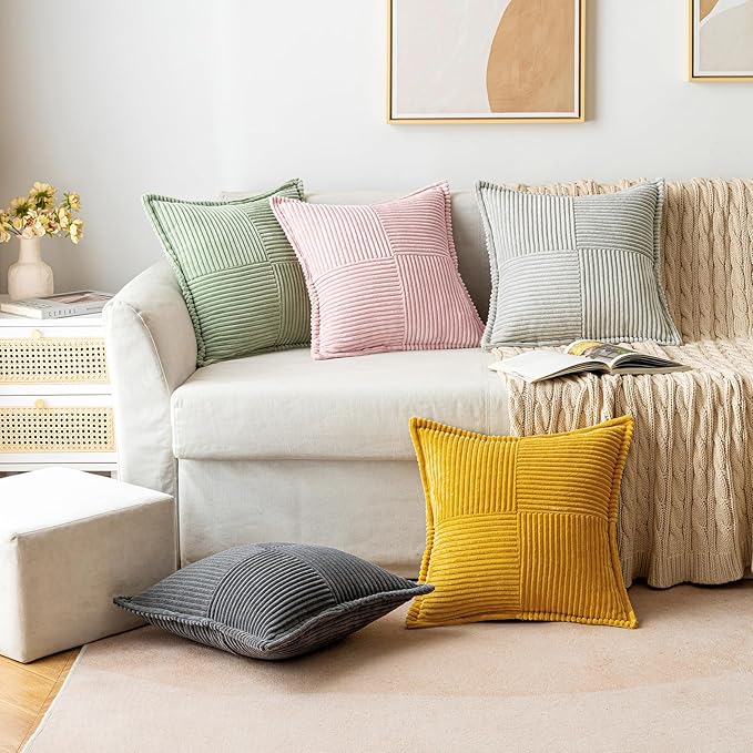 MIULEE Spring Decorative Throw Pillow Covers for Couch Bed Livingroom 16x16 Inch Set of 2 Pink Boho Accent Throw Pllows Broadside Striped Patchwork Soft Corduroy Pillowcases Valentine Decor