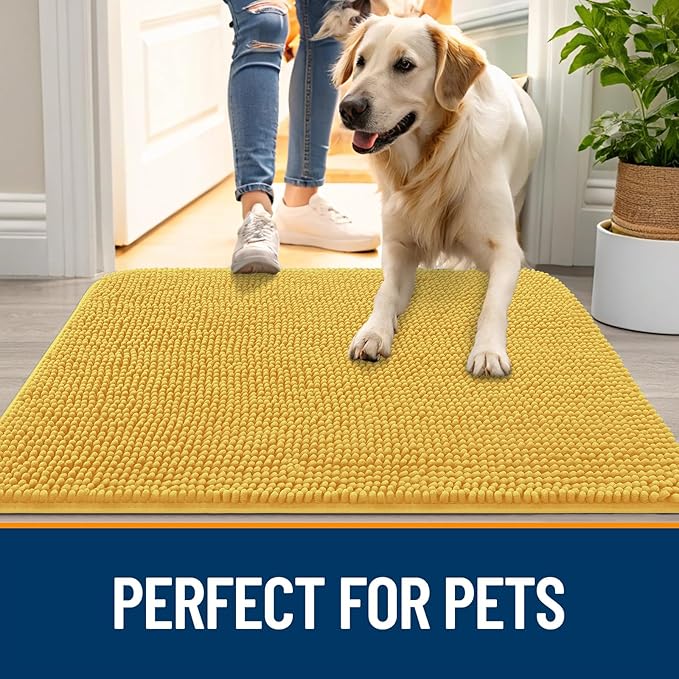 OLANLY Dog Door Mat for Muddy Paws 44x24, Absorbs Moisture and Dirt, Absorbent Non-Slip Washable Doormat, Quick Dry Chenille Mud Mat for Dogs, Entry Indoor Entryway Carpet for Inside Floor, Yellow