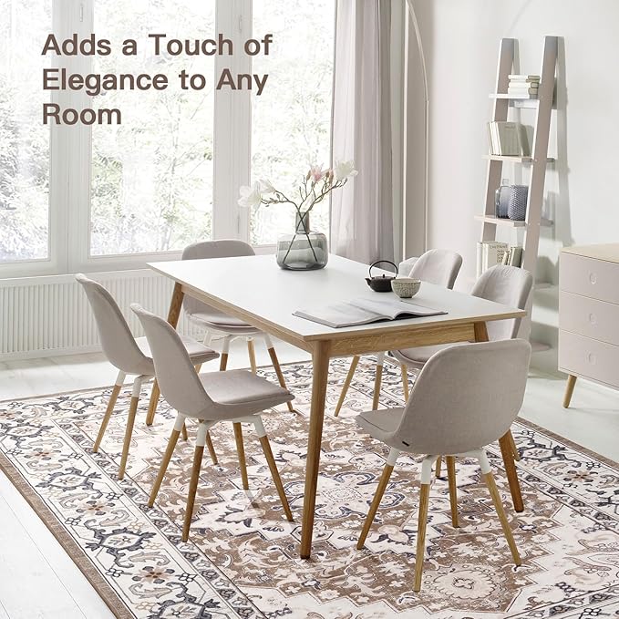 Lofus 5x7 Area Rugs for Living Room, Washable Area Rug, Rugs for Bedroom, Kitchen, Vintage Boho Carpet, Soft Non-Slip, Low Pile Large Area Rug for Office Dining Room, Floral Brown