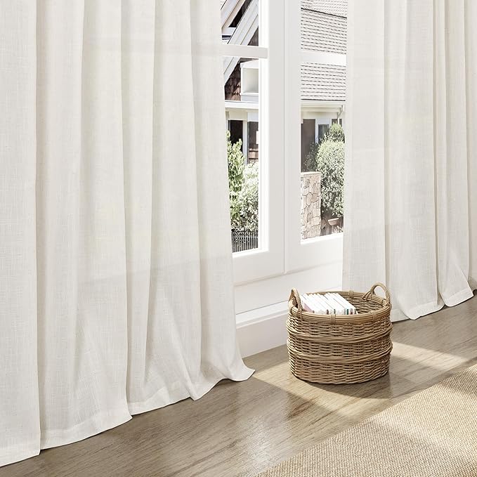 Cream Semi Sheer Linen Curtains 102 Inch Long Curtains Back Tab Rod Pocket 2 Panels Set Natural Elegant Living Room Decor Sunlight Filtering Solid Color Drapes for High Window 40x102