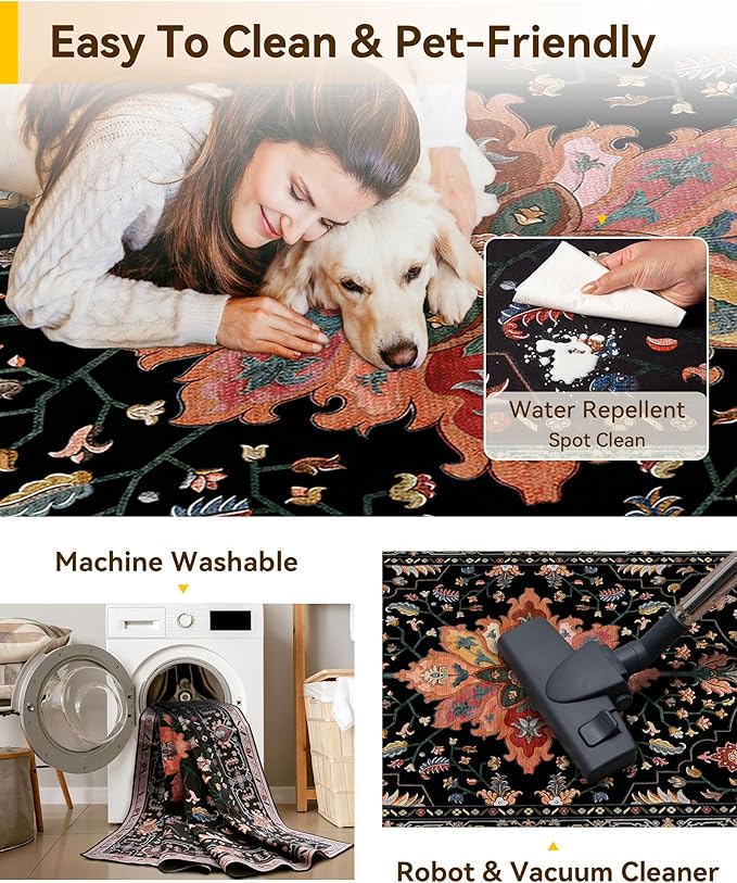 Area Rugs 3'x10' Runner Rug Non Slip Washable for Kitchen Hallway Bedroom Beside Laundry Room Bathroom Rug, Floor Carpet, Black Colorful Floral Dark Tan