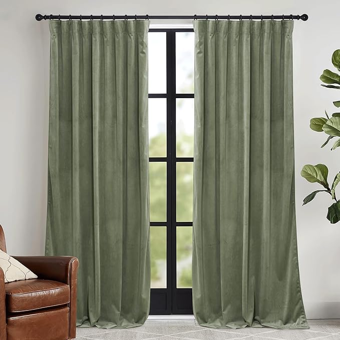 RYB HOME Sage Green Velvet Curtains 100 inches with Hook Belt, Soft Fabric Room Darkening Thermal Insulated Luxurious Home Decor Curtains for Living Room Bedroom, W 52" x L 100", 2 Panels Set