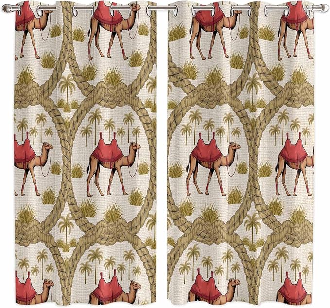 2 Panel Kitchen Cafe Curtains, Camels Palm Trees Sunlight Filtering Nature Air by Hokiten