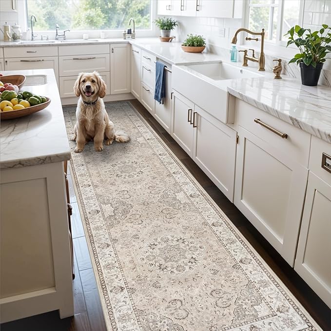 Washable 3x12 Hallway Runner Rug: Vintage Non Slip Soft Rug for Entryway Kitchen Living Room Low-Pile Water Resistant Carpet for Bathroom Nursery Thin Floor Mat for Bedroom Dining Room(Beige,3x12)