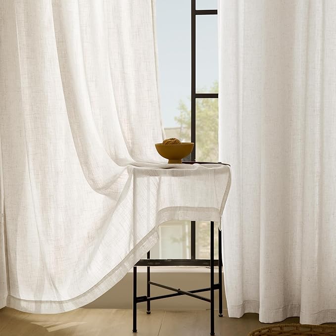 Cream Linen Curtains 72 inch Long 2 Panel Set for Living Room Back Tab Rod Pocket Semi Sheer Light Filtering Bedroom Window Curtain 72 inch Length Modern Farmhouse Rustic Neutral Ivory Linen Drapes