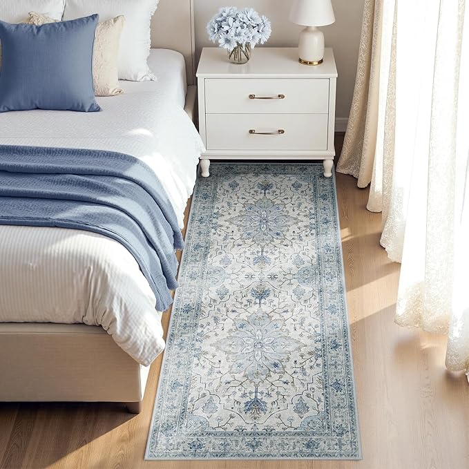 Area Rugs 3'x6' Runner Rug Non Slip Washable for Kitchen Hallway Bedroom Beside Laundry Room Bathroom Rug, Floor Carpet, Light Blue Navy Beige Gray White
