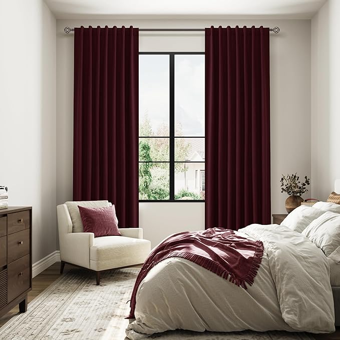 Guken 100% Blackout Curtains 90 Inch Length 2 Panels Set for Living Room Bedroom Back Tab Thermal Insulated Black Out Linen Drapes Room Darkening Window Curtains 90 Inches Long,Burgundy