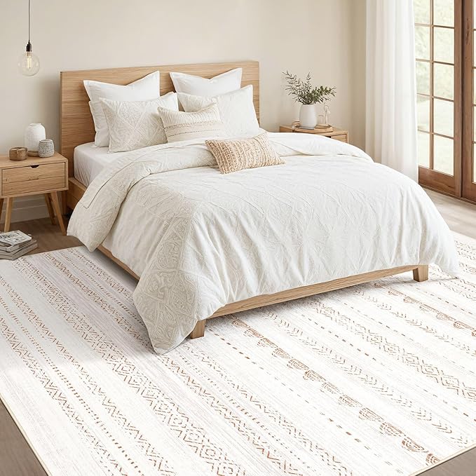 Nakagishi 8x12 Area Rugs Living Room: Washable Boho Large Neutral Soft Farmhouse Rug Stain Resistant Modern Moroccan Non-Slip Indoor Floor Carpet for Bedroom Nursery Kids Playroom Office- Brown