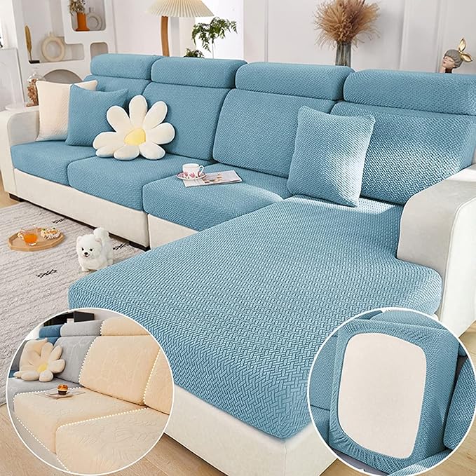 Couch Cushion Covers for Sofa Couch Covers Wear-Resistant Universal Sofa Cover Washable Stretch for Sectional Slipcovers (Texture-Sea Blue,Chaise Cover)