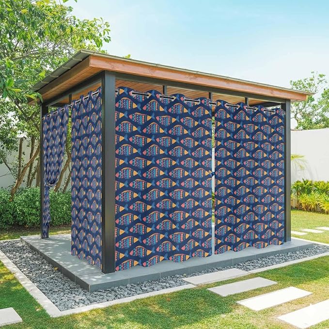 Fish Outdoor Curtains for Patio Vintage National Wind Fish Blue Waterproof by Unknown