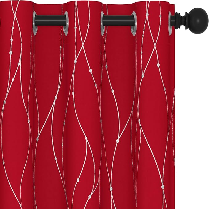 Deconovo Short Blackout Curtains, Christmas Red Curtain, Thermal Insulated Soundproof Drapes, Wave Line Dots Foil Print, 38 x 54 Inch, 2 Panels, Machine‑Washable Window Drape for Kitchen Small Window