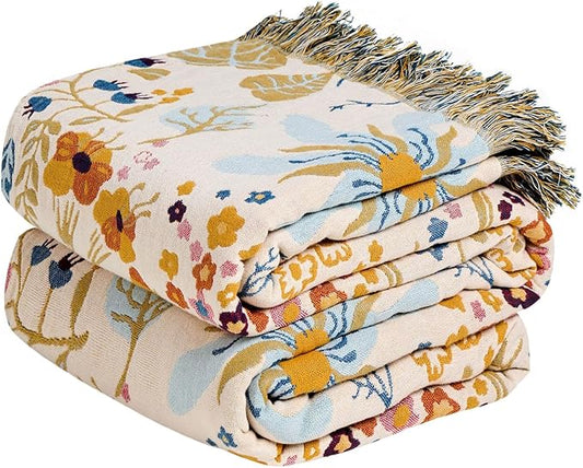 MSGKV Boho Throw Blanket for Bed 100% Cotton Floral Twin Size Couch Blanket 60"x80" Muslin Spring Breathable Lightweight Farmhouse Blankets All Seasons