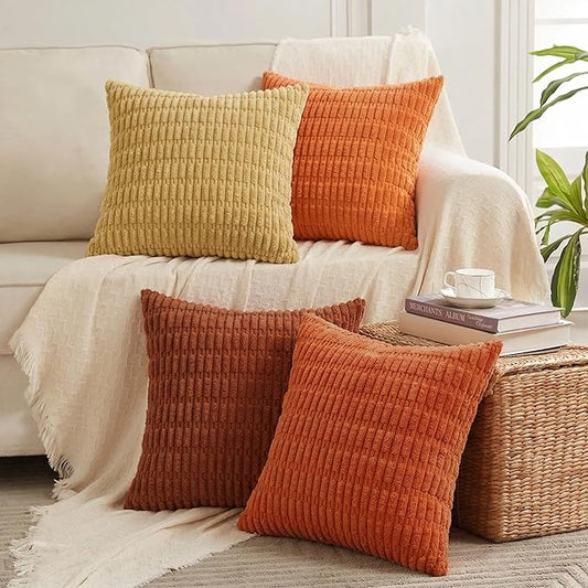 Fancy Homi Set of 4 Burnt Orange Fall Boho Decorative Throw Pillow Covers 24x24 Inch for Couch Bed Sofa, Aesthetic Modern Bohemian Room Decor, Soft Fuzzy Fluffy Cozy Corduroy Cushion Case 60x60cm