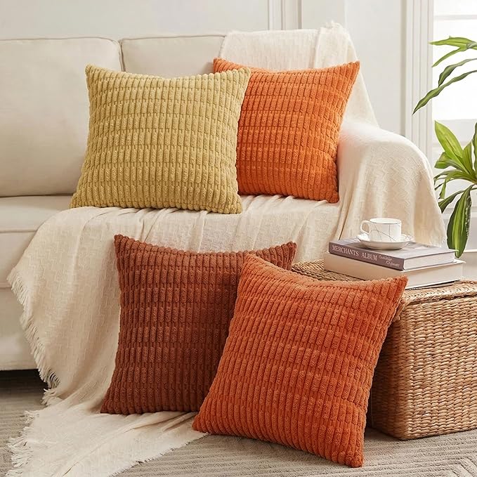 Fancy Homi Set of 4 Burnt Orange Fall Boho Decorative Throw Pillow Covers 26x26 Inch for Couch Bed Sofa, Aesthetic Modern Bohemian Room Decor, Fuzzy Fluffy Cozy Corduroy Textured Cushion Case 66x66cm