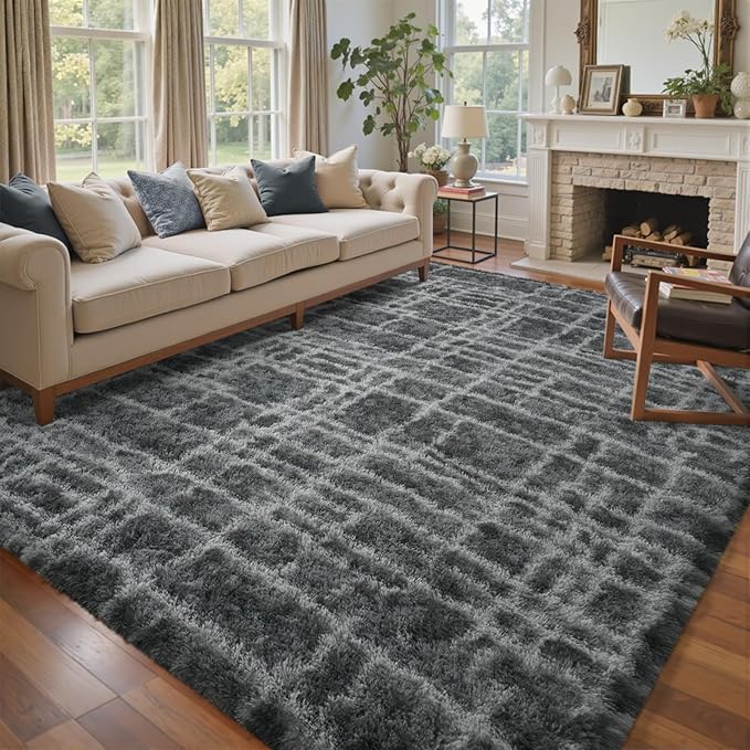 5x7 Ft Large Shag Rugs for Bedroom Living Room, Tie Dyed Ultra Soft Fluffy Furry Area Rug for Indoor Floor, Aesthetic Carpet for Home Decor (Grey)