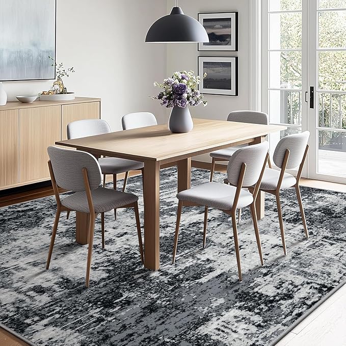 Washable Area Rugs 6'x8' Non-Slip Modern Abstract Soft for Living Room Entryway Bedroom Nursery, Print Pattern, Black Navy Blue Gray