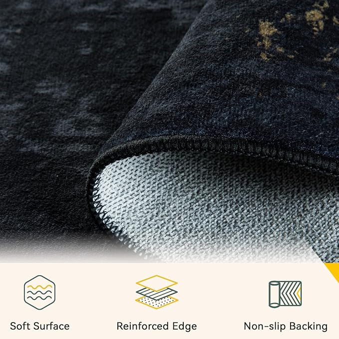 Washable Area Rugs 6'x9' Non-Slip Modern Abstract Soft for Living Room Entryway Bedroom Nursery, Print Pattern, Dark Black Gold