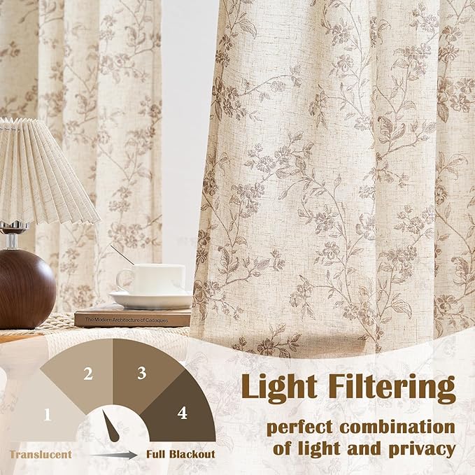 Lazzzy Taupe Floral Linen Curtains 96 Inch Farmhouse Back Tab Drapes for Living Room Bedroom Light Filtering Vintage Grandmillennial Rod Pocket Curtains, 2 Panels, W38 x L96, Taupe on Beige