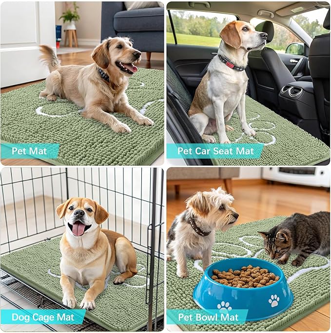 OLANLY Dog Door Mat for Muddy Paws 70x24, Paw Print Design, Absorbs Moisture and Dirt, Non-Slip Washable Doormat, Quick Dry Chenille Mud Mat for Dogs, Entry Indoor Entryway Carpet, Sage Green