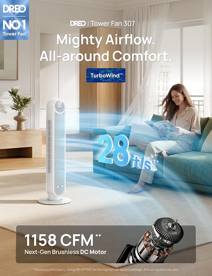 DREO Tower Fan for Bedroom, 2026 Upgraded DC Motor, 28ft/s High Velocity - Image 2