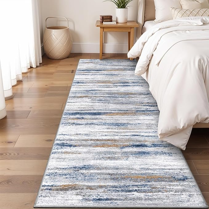 2x8 Washable Runner Rug for Family: Easy-to-Clean Runners for Hallway Entryway Bedroom - Stain and Water Resistant Rugs with Non-Slip Backing - Soft Low-Pile Carpet Navy Grey