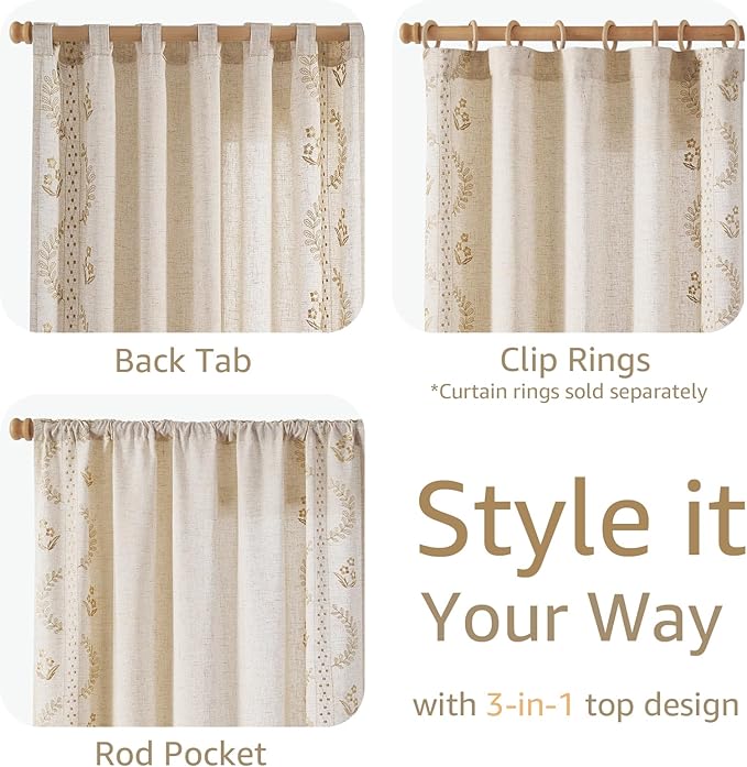jinchan Belrose Linen Curtains for Bedroom Floral Curtains 63 Inch Length Linen Blend Beige Embroidered Drapes Farmhouse Flower Patterned Drapes for Living Room Window Treatments Sets 4 Panels