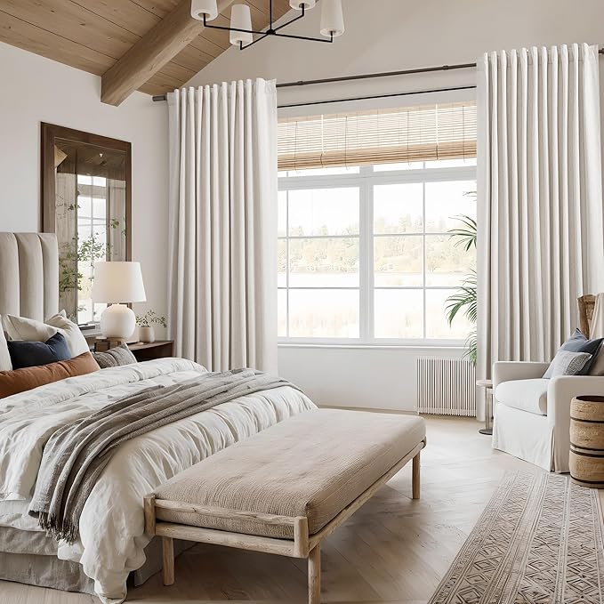 Beige White 100% Blackout Linen Curtains 96 Inch Length 2 Panels Set for Living Room Bedroom Back Tab Thermal Insulated Black Out Drapes Room Darkening Farmhouse Style for Bedroom Window Curtains