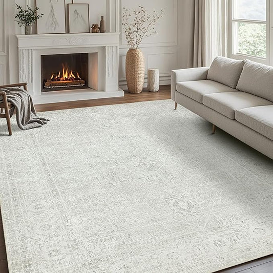 Washable Rugs 8x10 Area Rugs for Living Room,Bedroom,Dining Room- Large Ultra Soft Faux Wool Retro Carpets,Non Slip&Non-Shedding Low Pile Vintage Carpet for Home Office,Concrete Grey