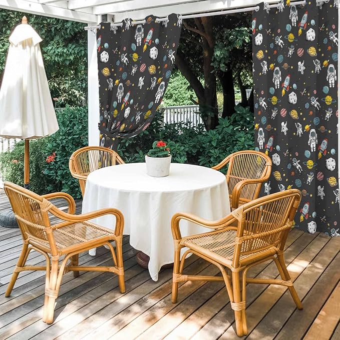 Cartoon Space Outdoor Curtains for Patio Rockets Planets Astronauts Gray - Image 4