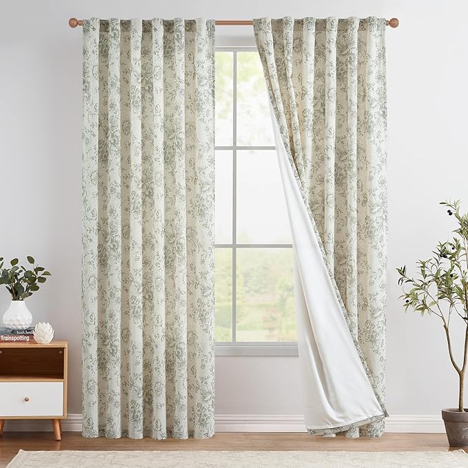 jinchan Linen Blend Floral Curtains for Living Room 90 Inches Extra Long Farmhouse Printed Curtain Back Tab Green Peony Flower Patterned Drapes Bedroom Window Curtains Set 2 Panels