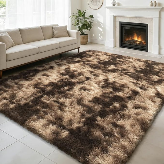 9x12 Fluffy Area Rugs for Living Room,Large Fuzzy Shag Area Rug for Bedroom,Soft Non-Shedding Indoor Plush Carpet for Kids Bedroom Nursery Home Decor,Tie-Dyed Coffee