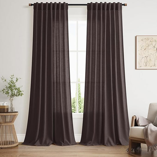 Nanspring Cocoa Coffee Curtains 102 Inches Long, Back Tab Linen Blend Light Filtering Semi Sheer Privacy Drapes for Living Room & Bedroom, 52x102 inch, 2 Panels