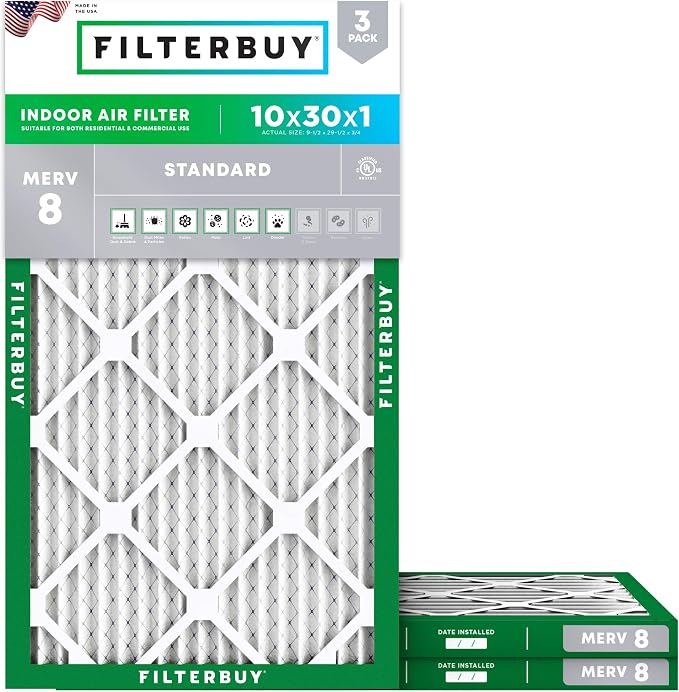 Filterbuy 10x30x1 Air Filter MERV 8 Essential Dust & Allergy Defense, by Filterbuy